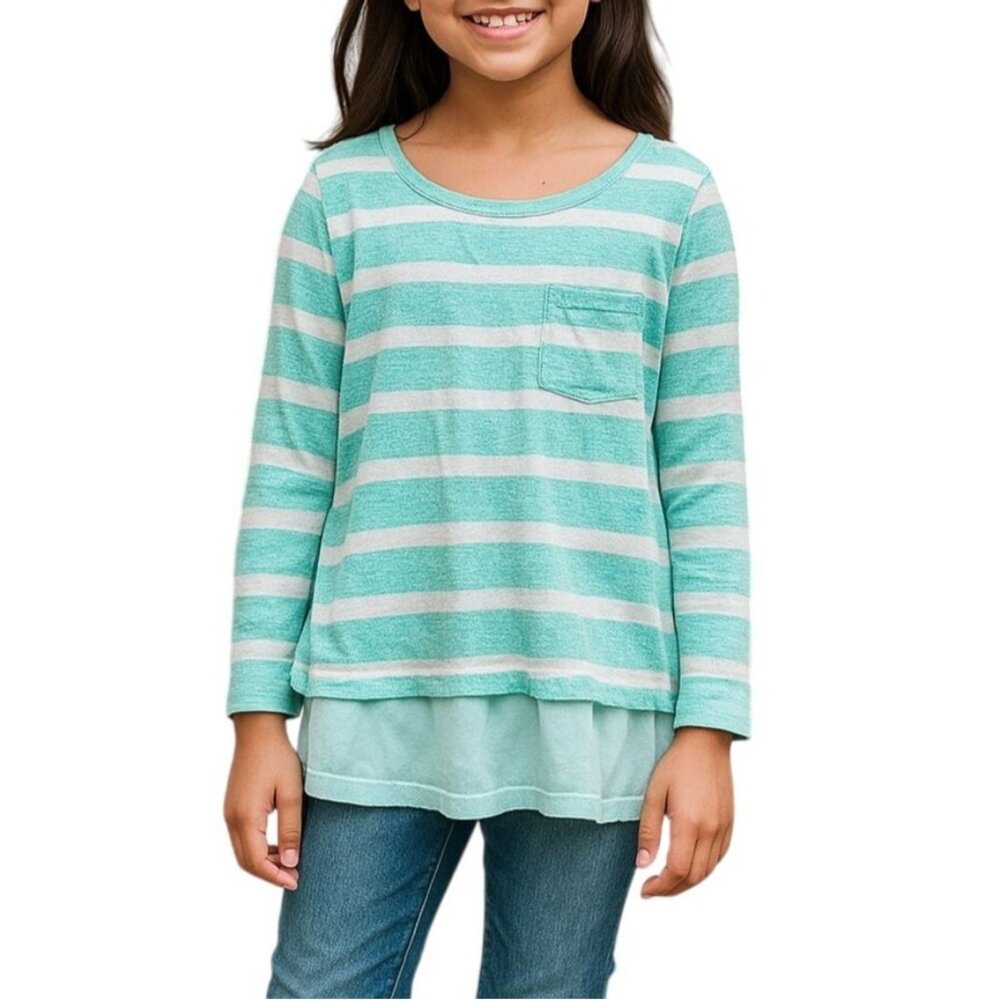 Old Navy XL (14) Top Girls Striped Layered Long Sleeve Natural Mint & White